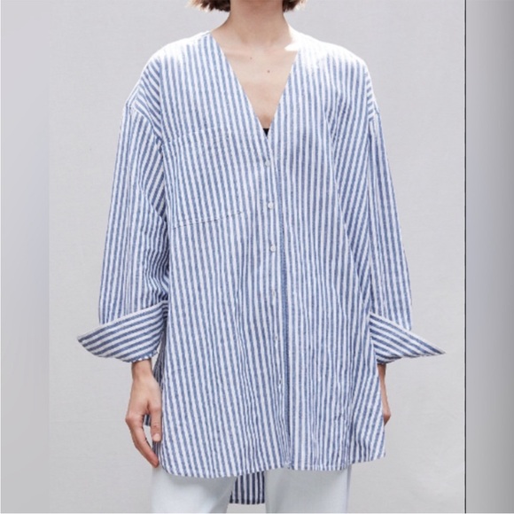 Apiece Apart Blue and White Striped Button Down Shirt - Picture 1 of 11